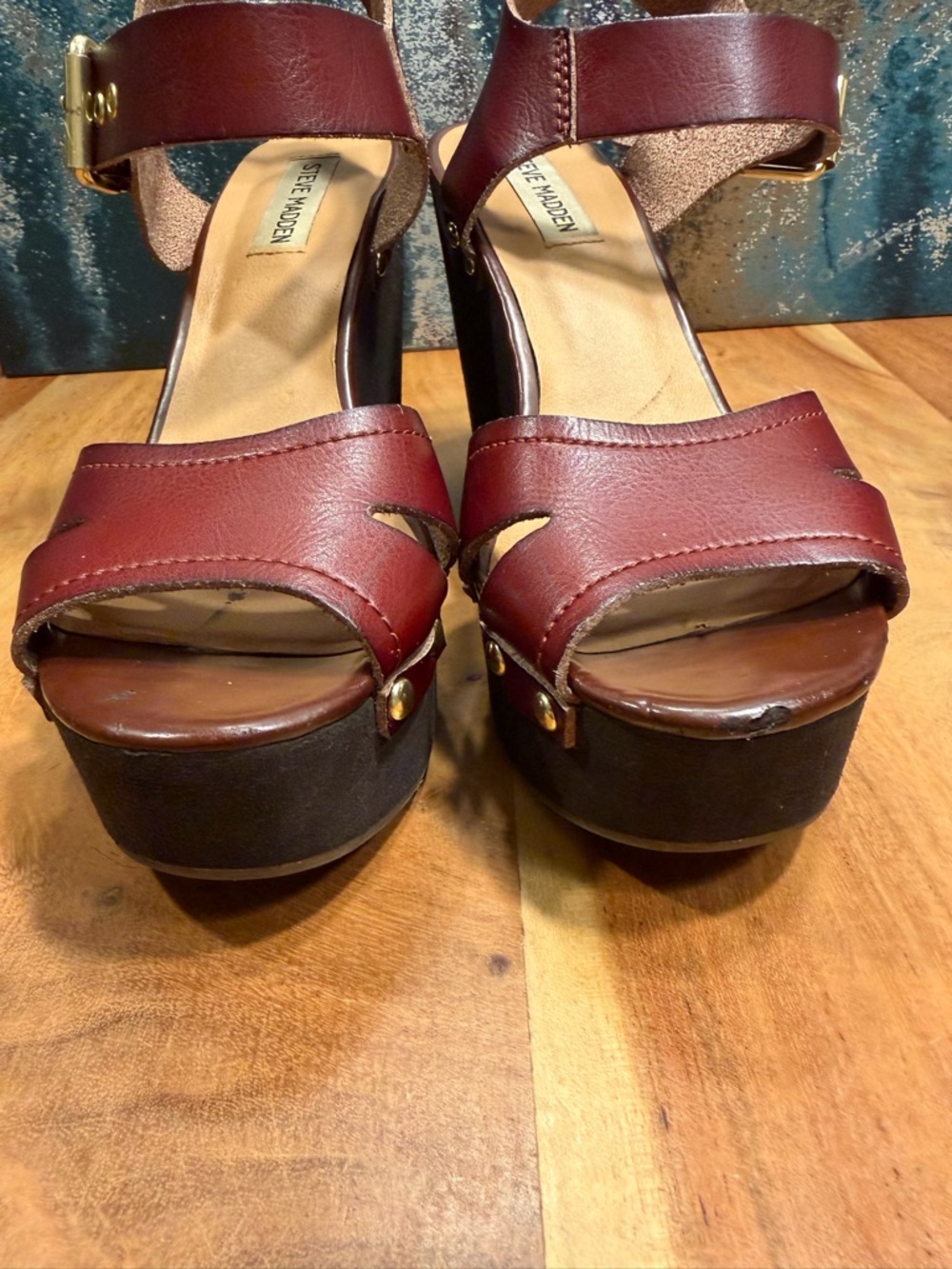 Steve Madden mid 2010s boho leather platform wedge sandals burgundy 9 FAIR - Picture 16 of 16